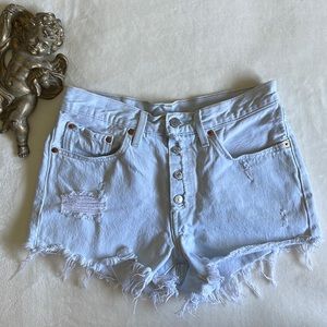 🏷 Levi 501 high waist light wash exposed buttonfly jean shorts  distressed
